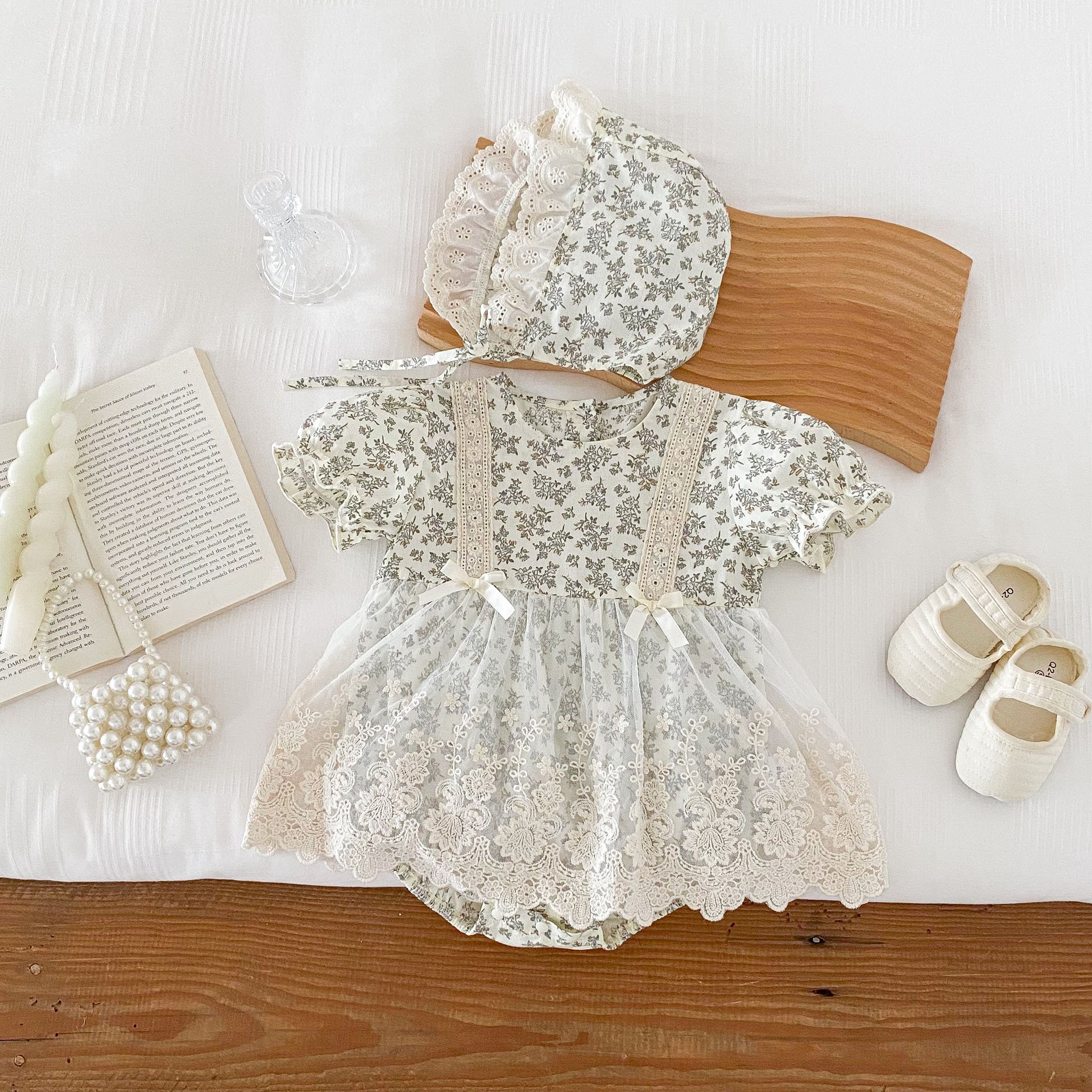 Good Quality Summer Soft Cotton Short Sleeve Lace Baby Girls Romper Clothes RoundNeck Gauze Dress Including Hats Baby Romper