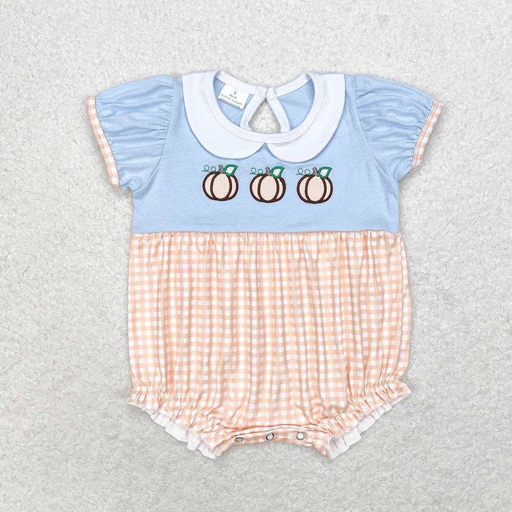 RTS Baby Toddler Newborn Infants Boys Fall Pumpkin Embroidery Short Sleeve Round Neck Milk Silk Children Boutique Rompers