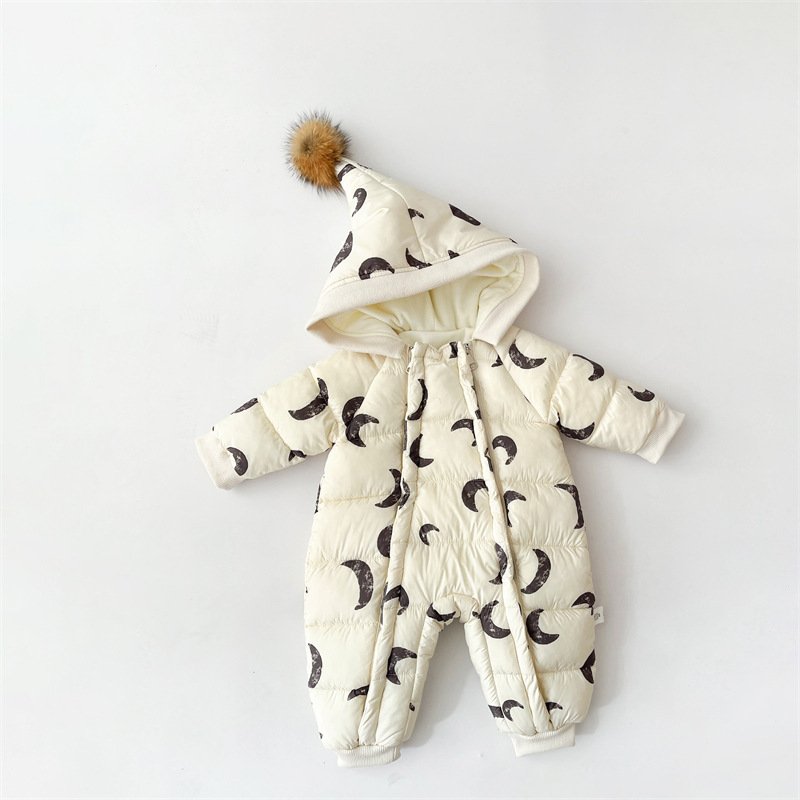Wholesale 2024 Winter Baby Clothing Korea Moon Printed Long Sleeve Hooded Thick Warm Baby Rompers