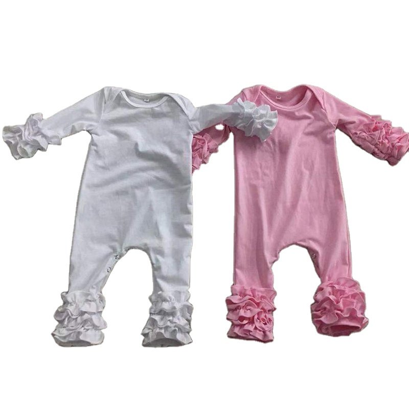 Girls boutique cotton rompers infant wine full-length crotch snap baby boy icing ruffle sleeve long leg ruffle girls baby romper