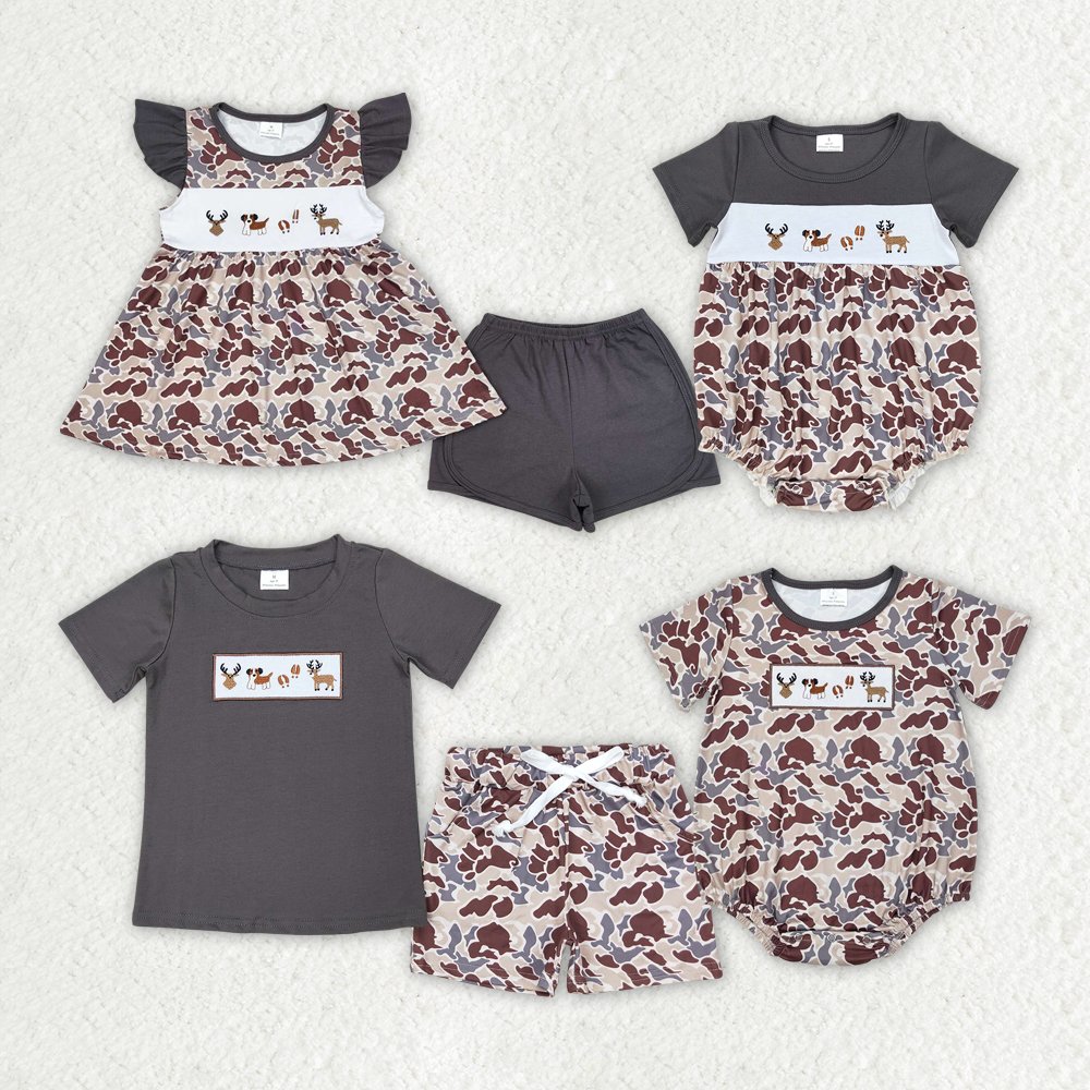 RTS Baby Newborn Infants Boys Camo Dog Deer Embroidery Sleeveless Hunting Boutique Wholesale Fall Camo Short Sleeve Rompers