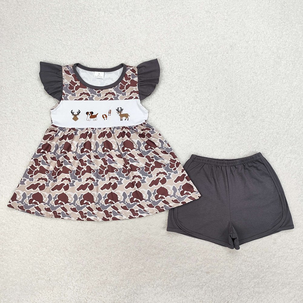 RTS Baby Newborn Infants Boys Camo Dog Deer Embroidery Sleeveless Hunting Boutique Wholesale Fall Camo Short Sleeve Rompers