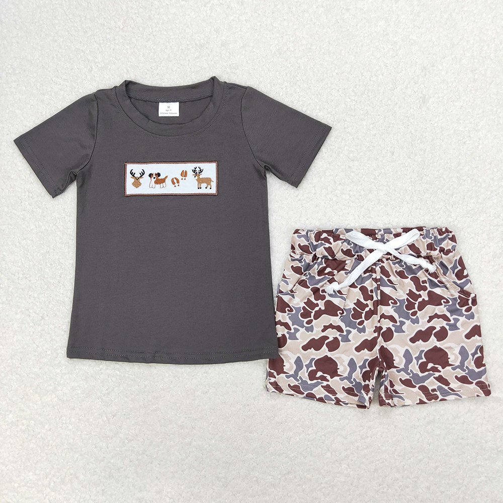 RTS Baby Newborn Infants Boys Camo Dog Deer Embroidery Sleeveless Hunting Boutique Wholesale Fall Camo Short Sleeve Rompers