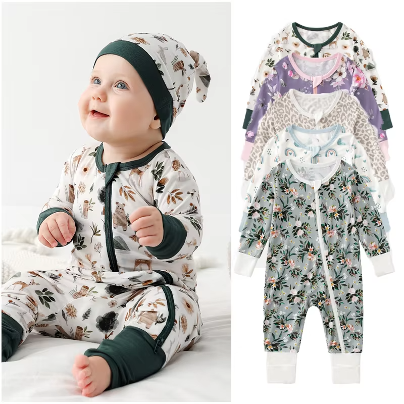 Wholesale Newborn Baby Romper Printed Label Long Sleeve Newborn Bamboo Baby Romper Clothes For Girl Custom Bamboo Baby Pajamas