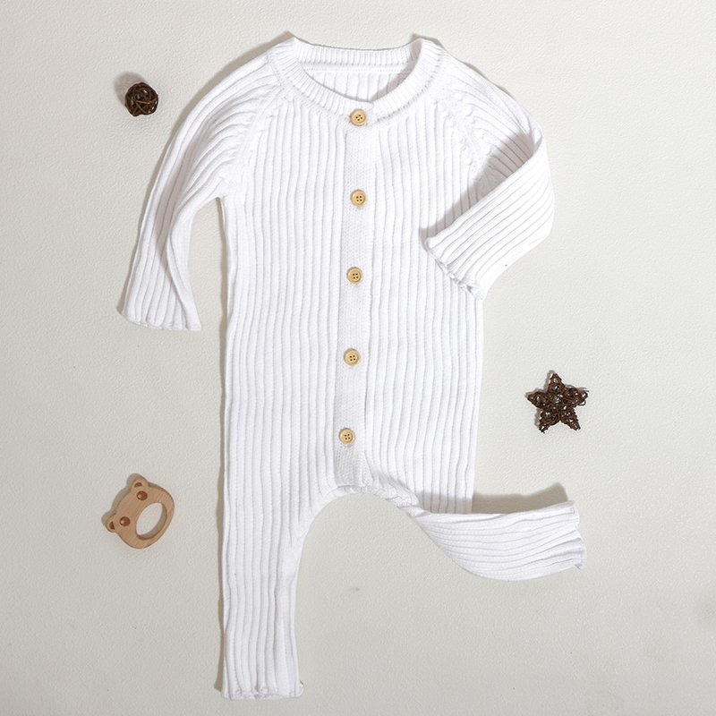 2023 Latest Baby Clothes Factory Long Sleeves Infant Knit Jumpsuits Crew Neck Button Designs Cotton Baby Romper
