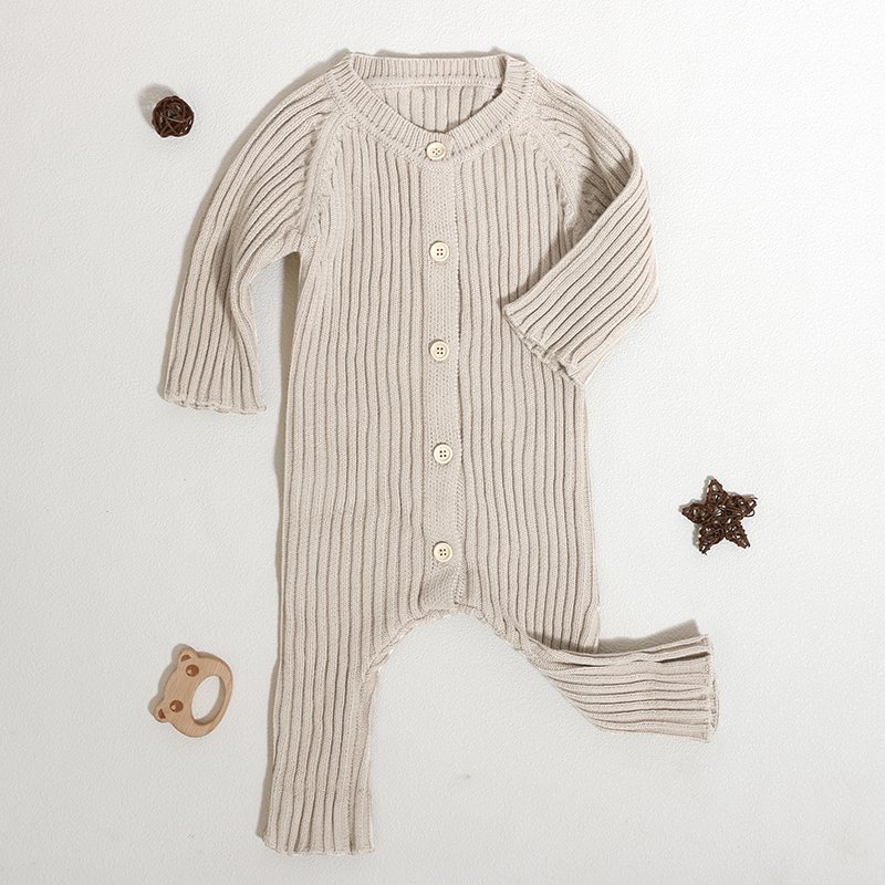 2023 Latest Baby Clothes Factory Long Sleeves Infant Knit Jumpsuits Crew Neck Button Designs Cotton Baby Romper
