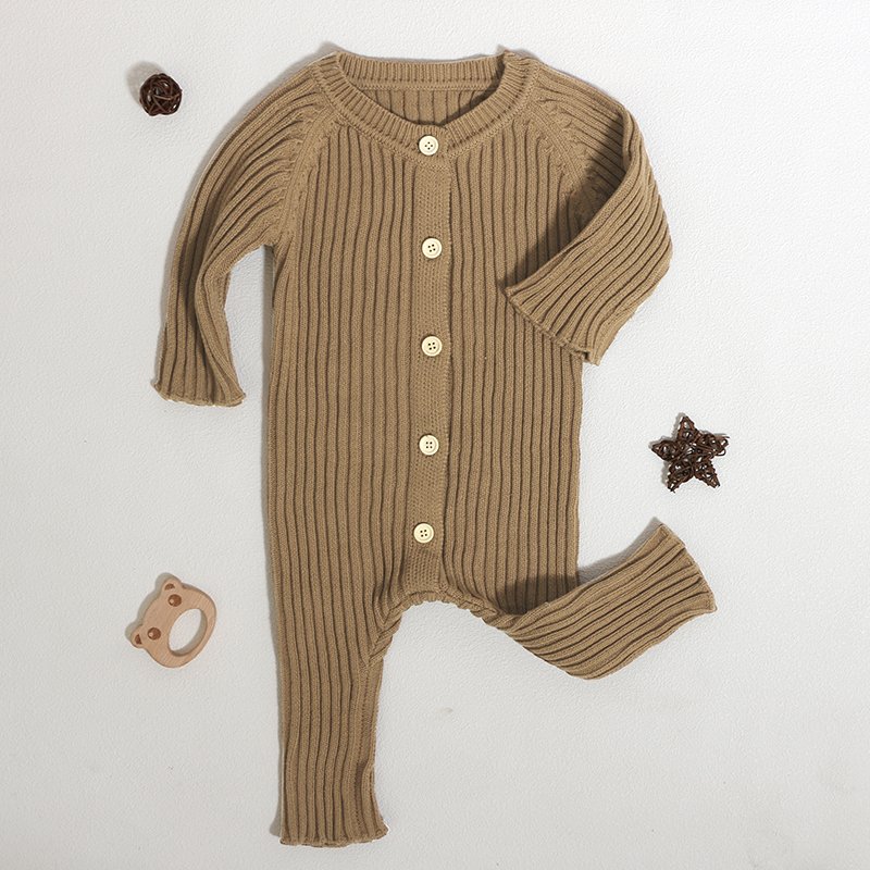 2023 Latest Baby Clothes Factory Long Sleeves Infant Knit Jumpsuits Crew Neck Button Designs Cotton Baby Romper