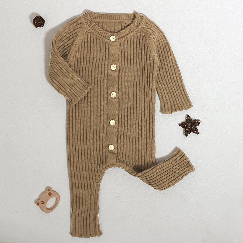 2023 Latest Baby Clothes Factory Long Sleeves Infant Knit Jumpsuits Crew Neck Button Designs Cotton Baby Romper