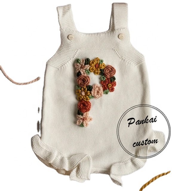 Wholesale custom baby 100% Cotton Knitted Fabric sleeveless romper personalized hand-embroidered sweaters for baby girls tights