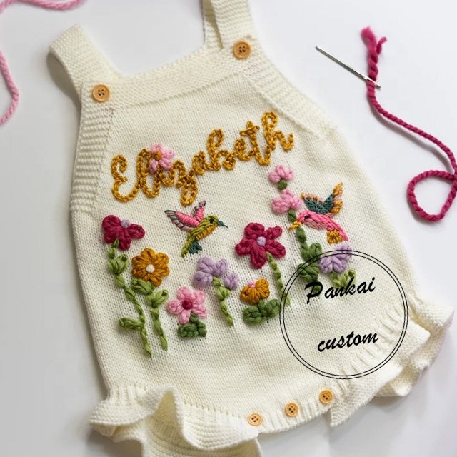 Wholesale custom baby 100% Cotton Knitted Fabric sleeveless romper personalized hand-embroidered sweaters for baby girls tights