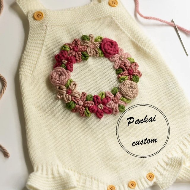 Wholesale custom baby 100% Cotton Knitted Fabric sleeveless romper personalized hand-embroidered sweaters for baby girls tights