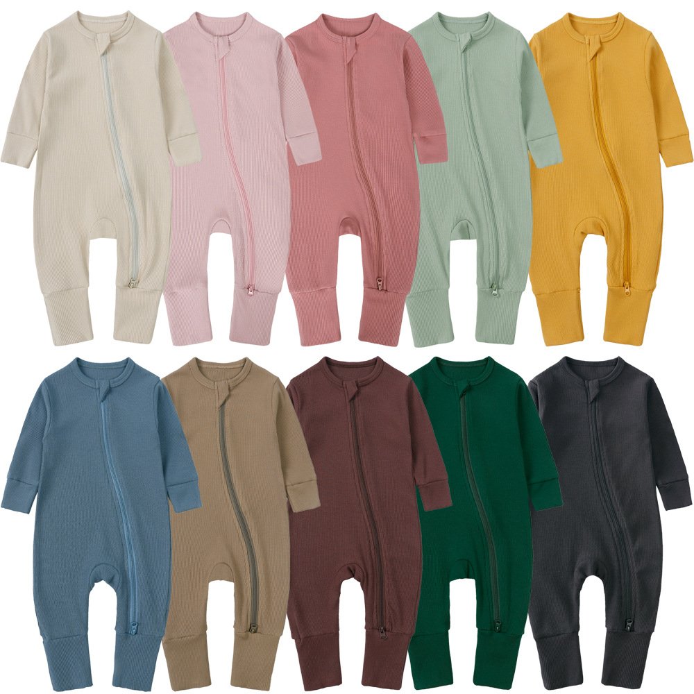 Stock Winter Bamboo Ribbed Footie newborn romper Organic Cotton Pink Long sleeve baby girl bodysuit with zipper