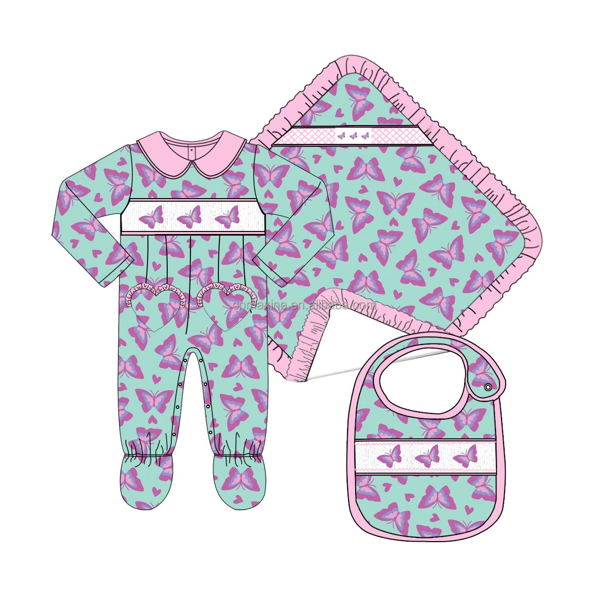 New Manufacturer design Customized Baby Smocking clothing Cowboy Printed baby smock romper with bib blanket