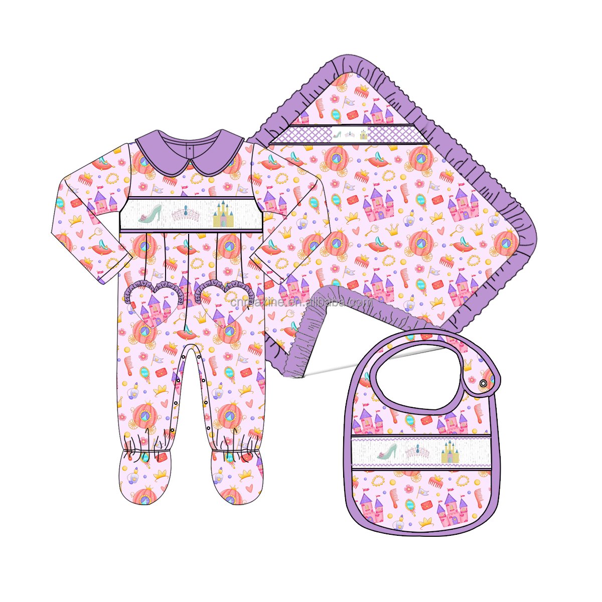 New Manufacturer design Customized Baby Smocking clothing Cowboy Printed baby smock romper with bib blanket