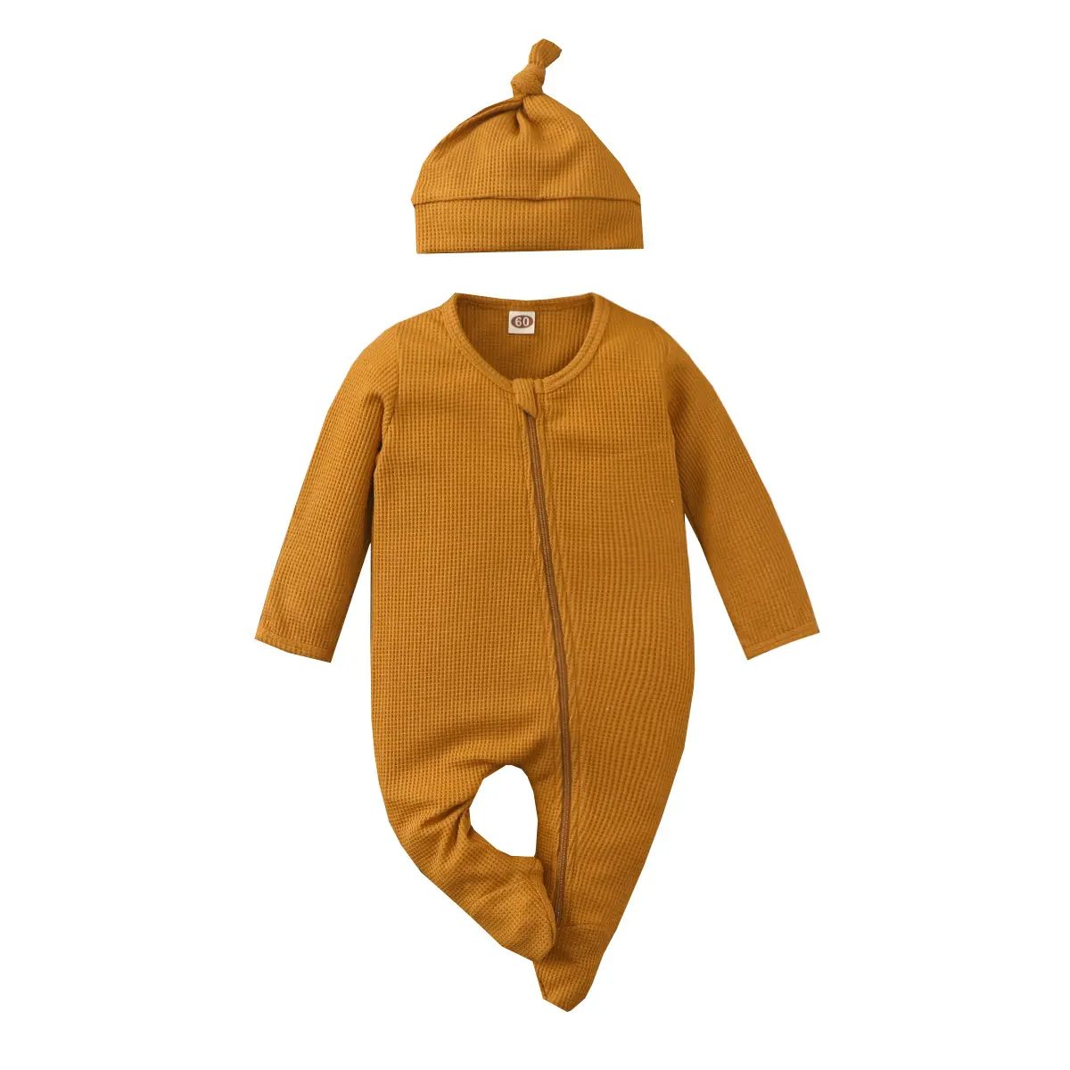 Custom solid color pajamas and hat set baby footie romper super soft waffle baby romper