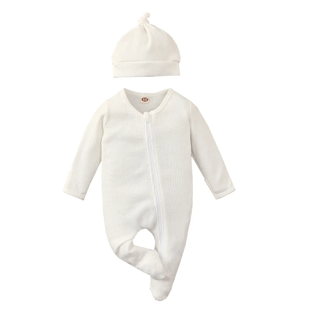 Custom solid color pajamas and hat set baby footie romper super soft waffle baby romper