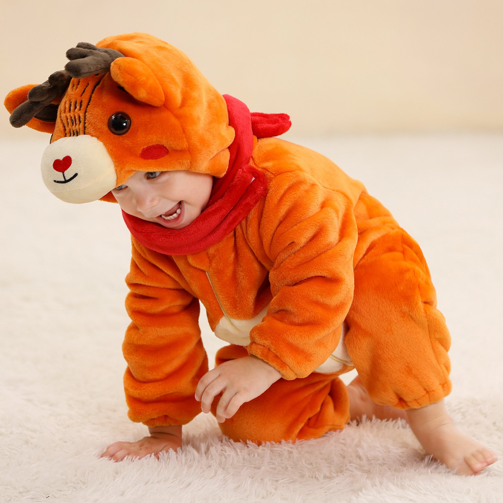 Michley Christmas Deer 3D Animal Kids Romper Flannel Hooded Baby Rompers with Zipper