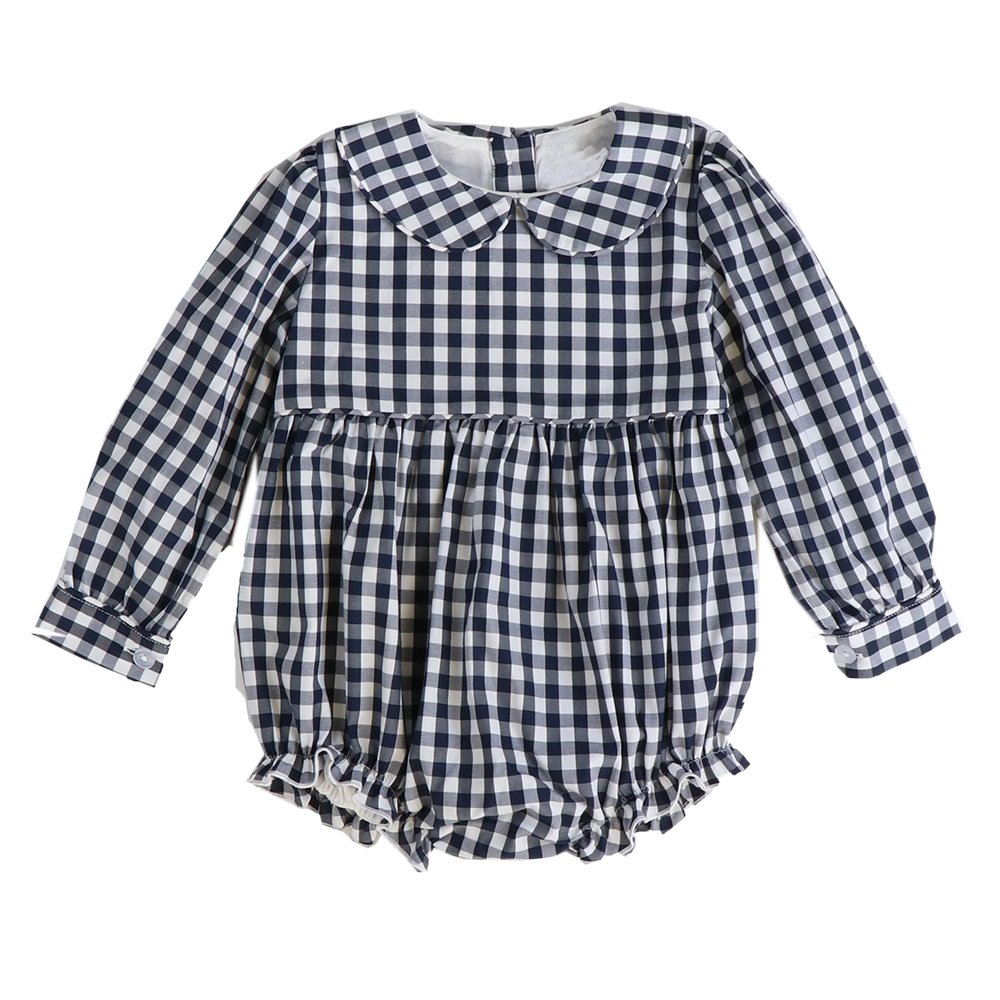 New model black gingham collared baby girl bubble rompers winter long sleeve bow back toddlers new born babi girls clothes