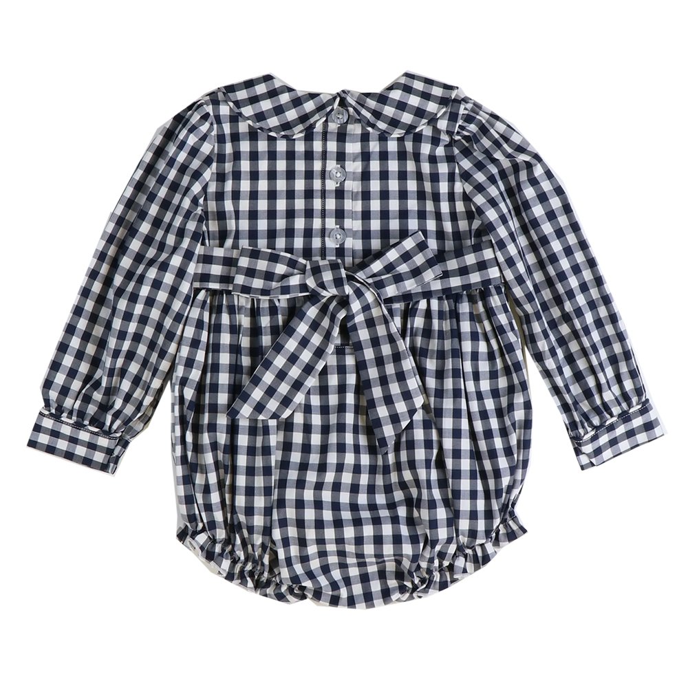 New model black gingham collared baby girl bubble rompers winter long sleeve bow back toddlers new born babi girls clothes