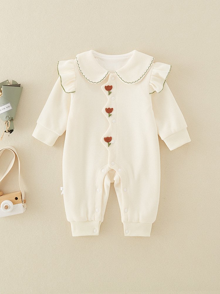 Fall New Double Layer 12 Months Girl Baby Romper Solid Color Cute Outing Clothes Baby Long Sleeve Romper Baby Rompers