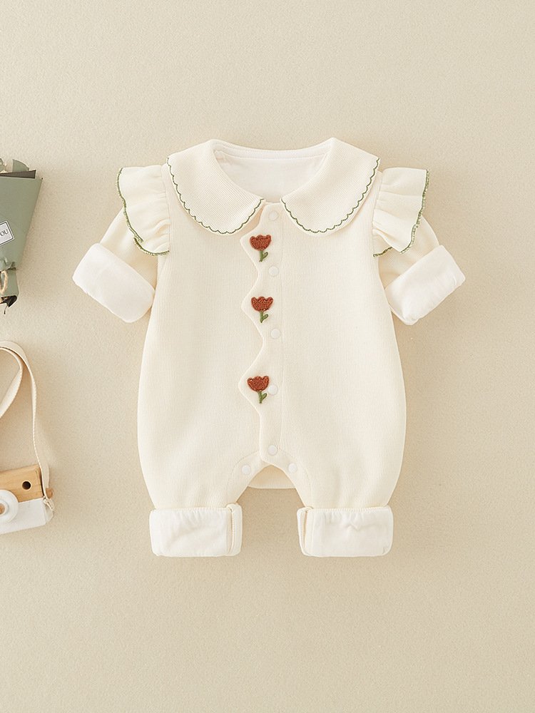 Fall New Double Layer 12 Months Girl Baby Romper Solid Color Cute Outing Clothes Baby Long Sleeve Romper Baby Rompers