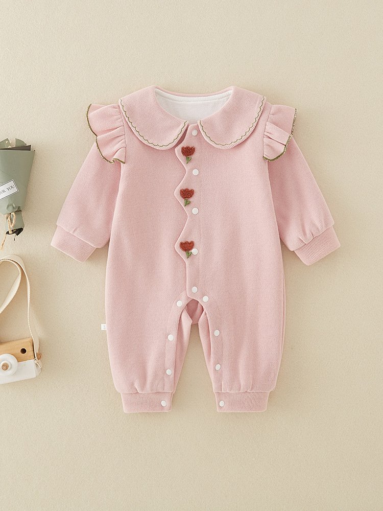Fall New Double Layer 12 Months Girl Baby Romper Solid Color Cute Outing Clothes Baby Long Sleeve Romper Baby Rompers