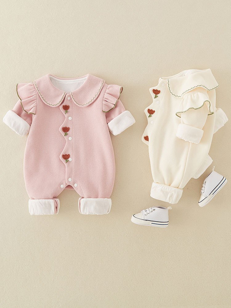 Fall New Double Layer 12 Months Girl Baby Romper Solid Color Cute Outing Clothes Baby Long Sleeve Romper Baby Rompers
