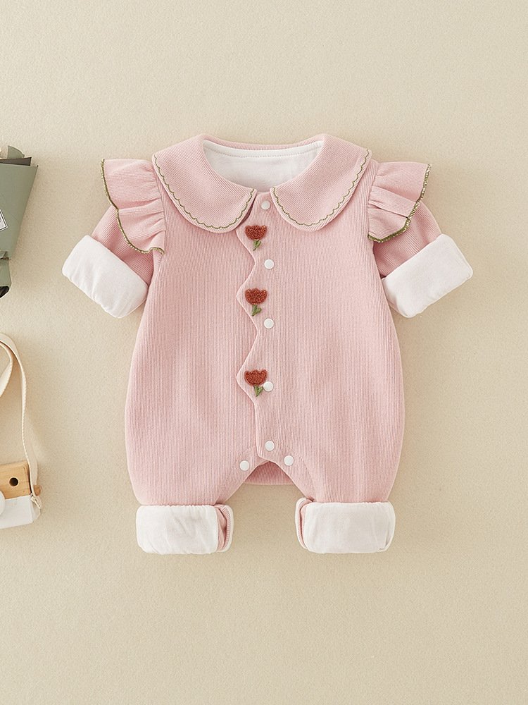 Fall New Double Layer 12 Months Girl Baby Romper Solid Color Cute Outing Clothes Baby Long Sleeve Romper Baby Rompers