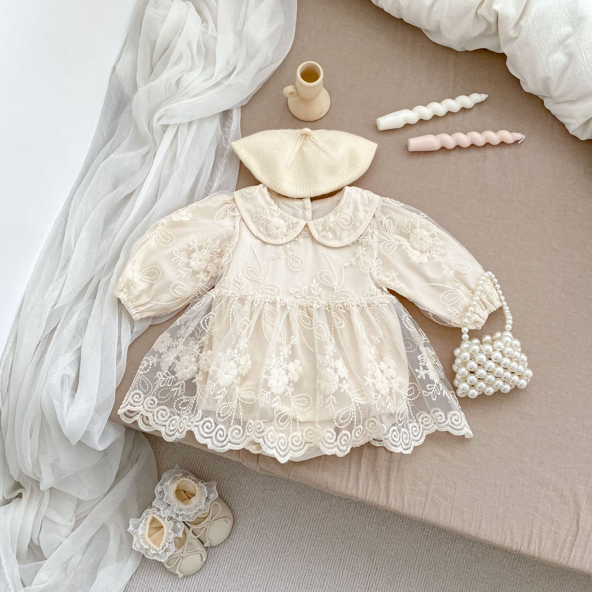 2024 new autumn infants and young children clothes embroidered mesh baby romper girl princess bodysuit