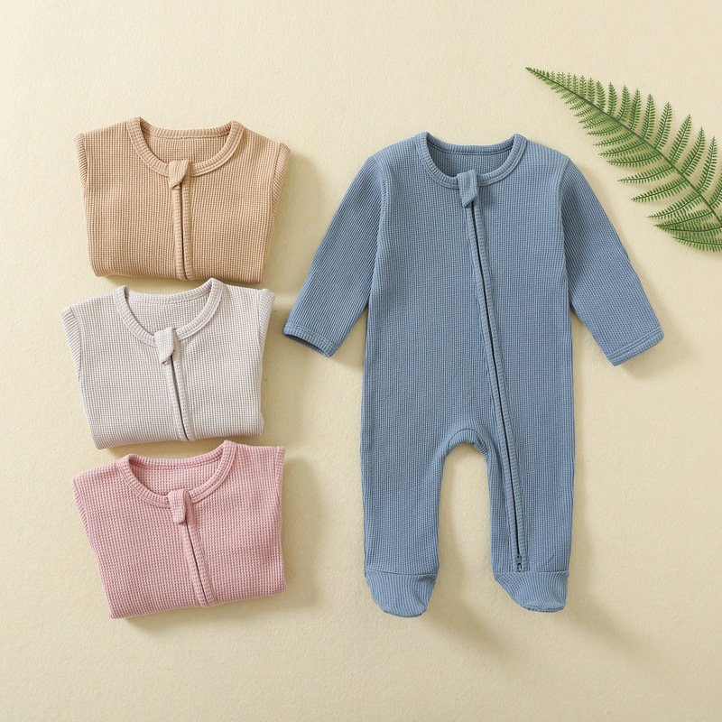 New Design Waffle pure color baby romper Soft Breathable Long Sleeve Baby Rompers Zipper baby pajama