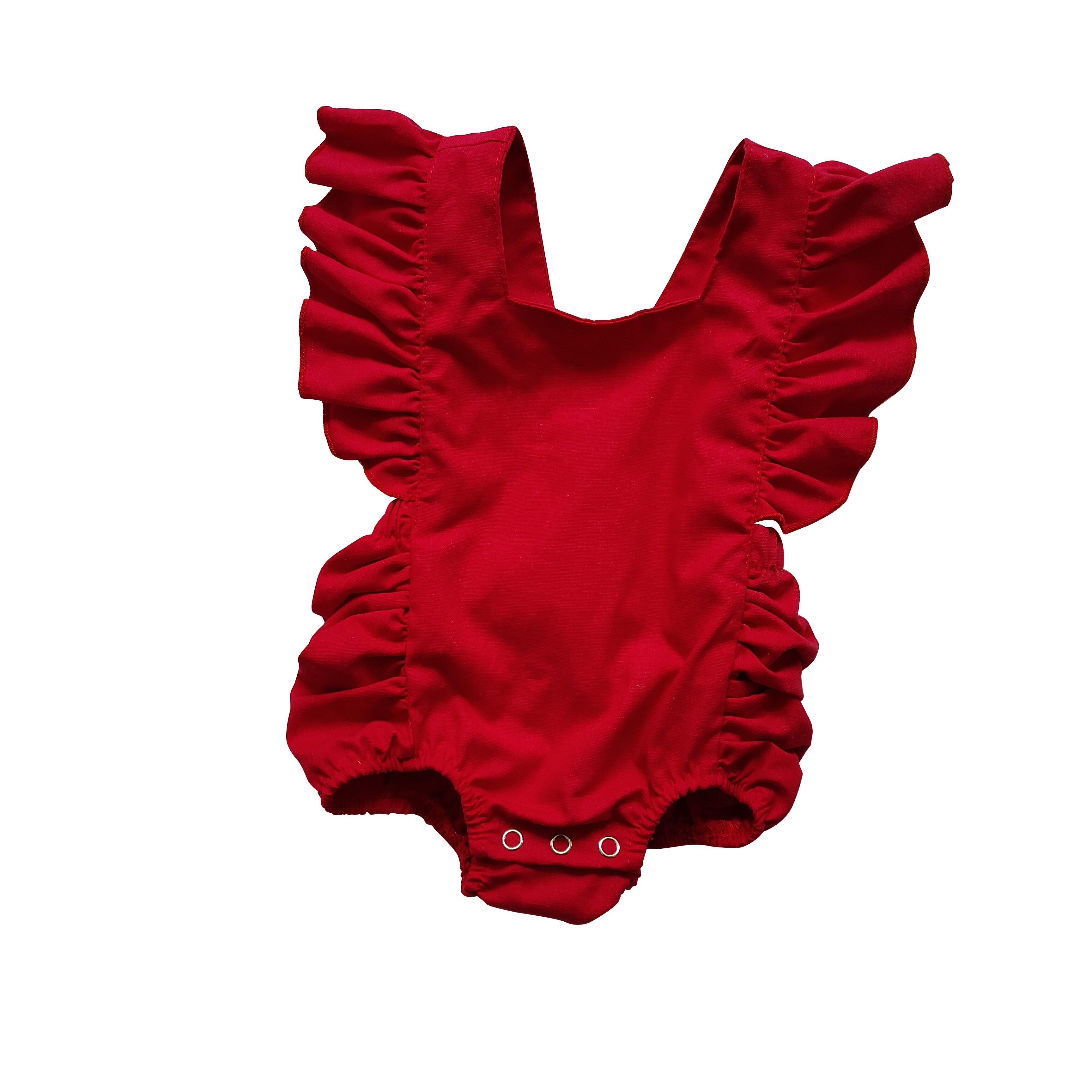 Custom Christmas linen baby ruffle shoulder romper with adjustable button