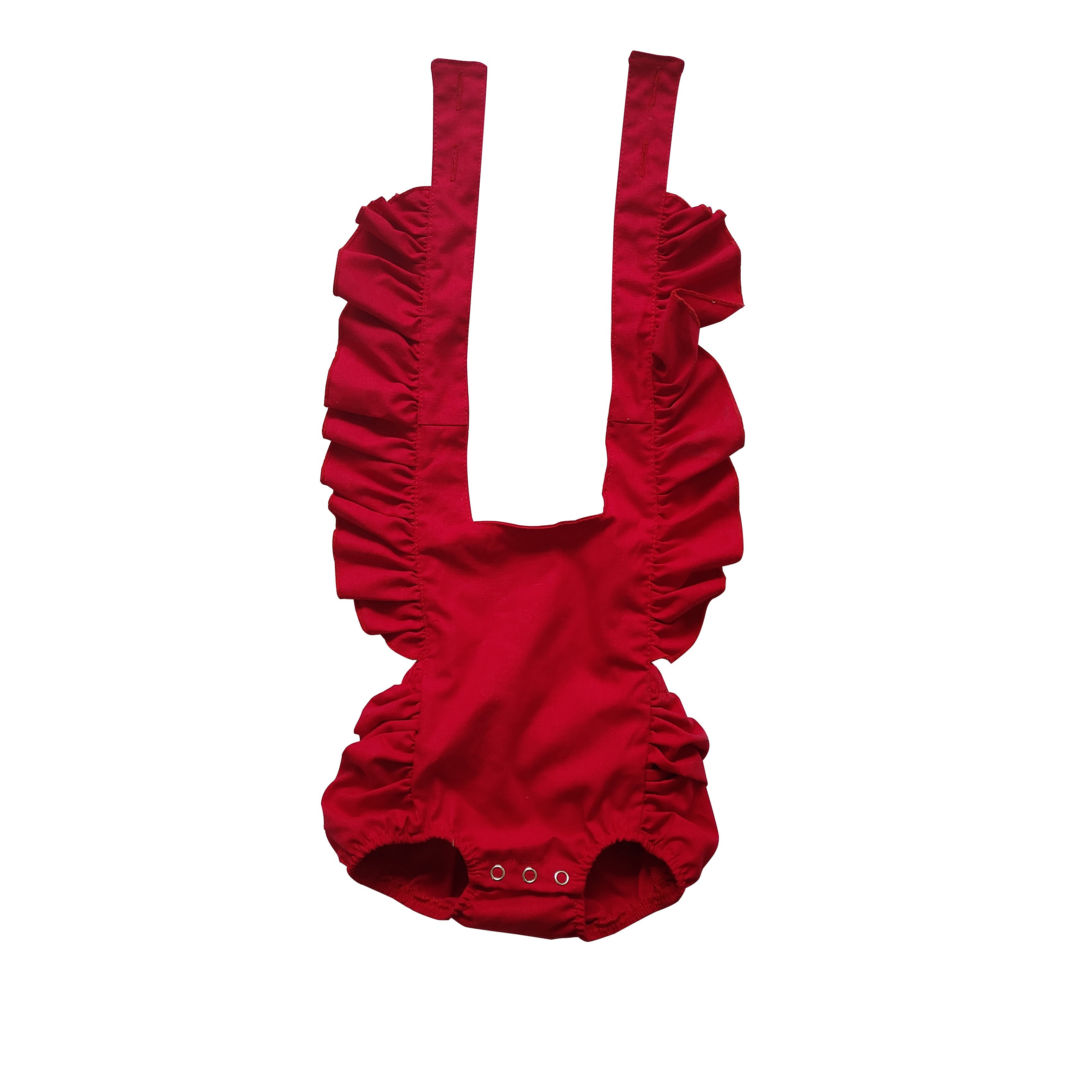Custom Christmas linen baby ruffle shoulder romper with adjustable button