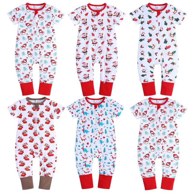 Custom Autumn Christmas Print Romper Long Sleeve Soft Bamboo Festival Clothes Pajamas Double Zipper baby rompers