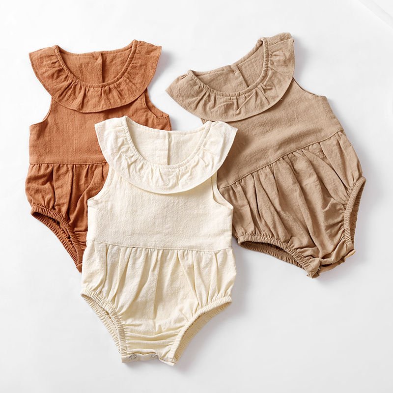 Newborn Cotton Linen Solid Color Sleeveless Lotus Leaf Collar Baby Clothes Baby Romper
