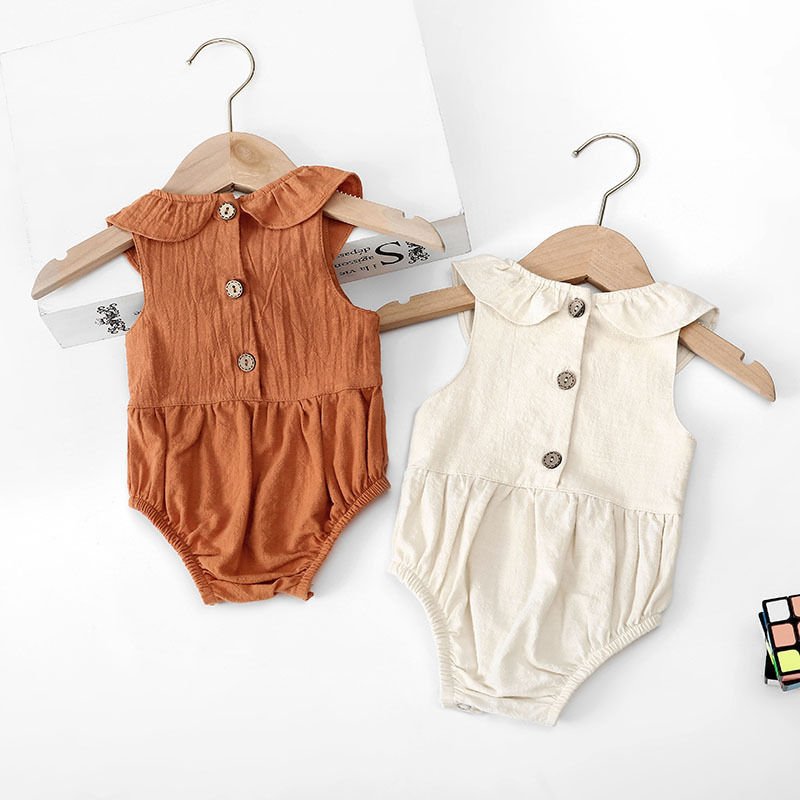 Newborn Cotton Linen Solid Color Sleeveless Lotus Leaf Collar Baby Clothes Baby Romper