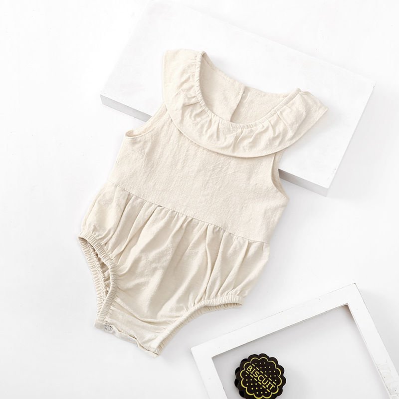 Newborn Cotton Linen Solid Color Sleeveless Lotus Leaf Collar Baby Clothes Baby Romper