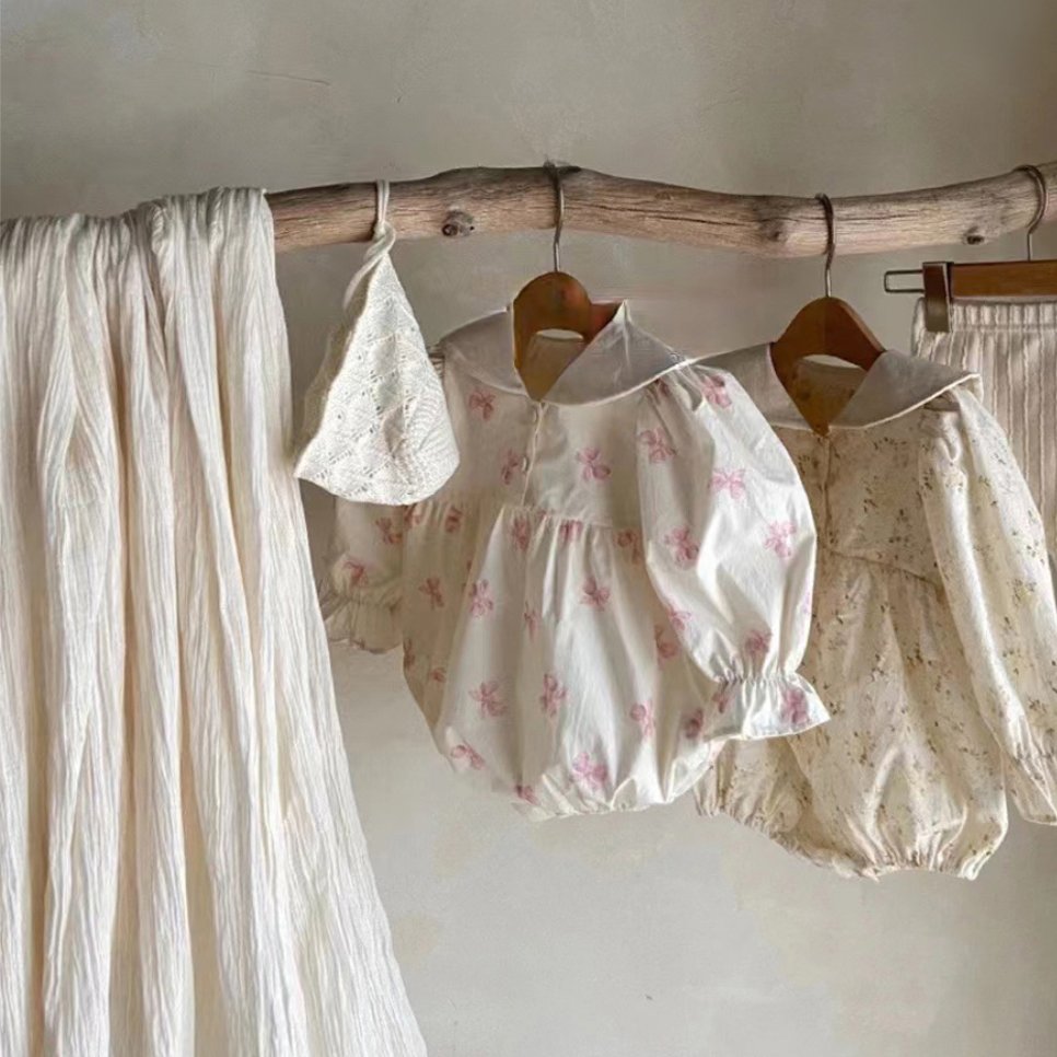 Wholesale Cotton Baby Girl Pink Bow Print Round Neck baby rompers