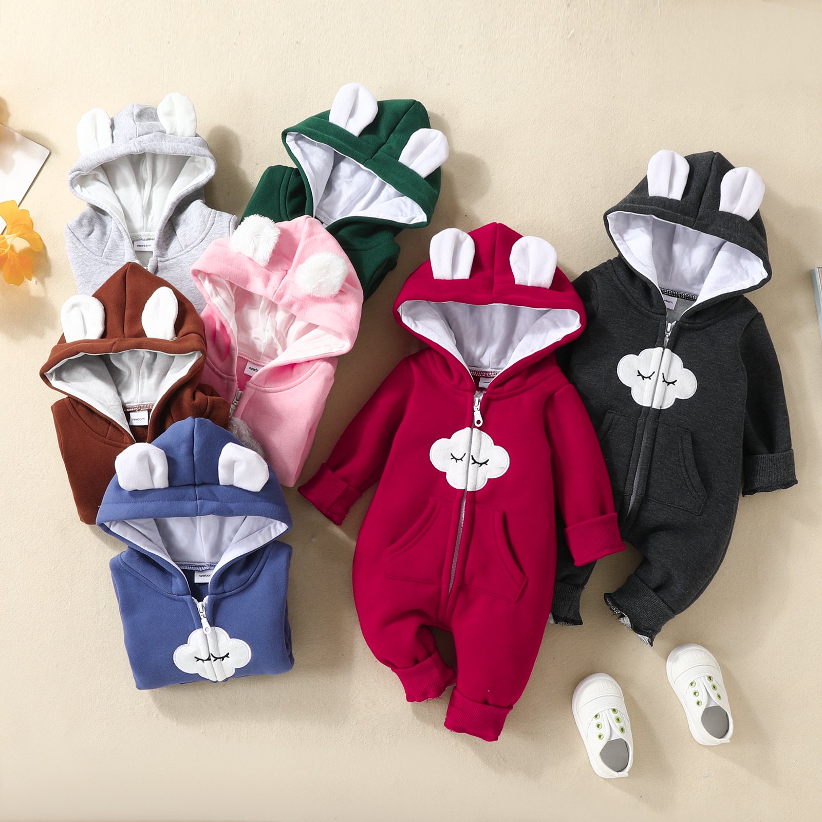 Unisex Newborn Baby Boys Girls Jumpsuit Boutique Zipper Kids Hoodies Long Sleeve Custom Heart Printed Winter Bunny Baby Romper