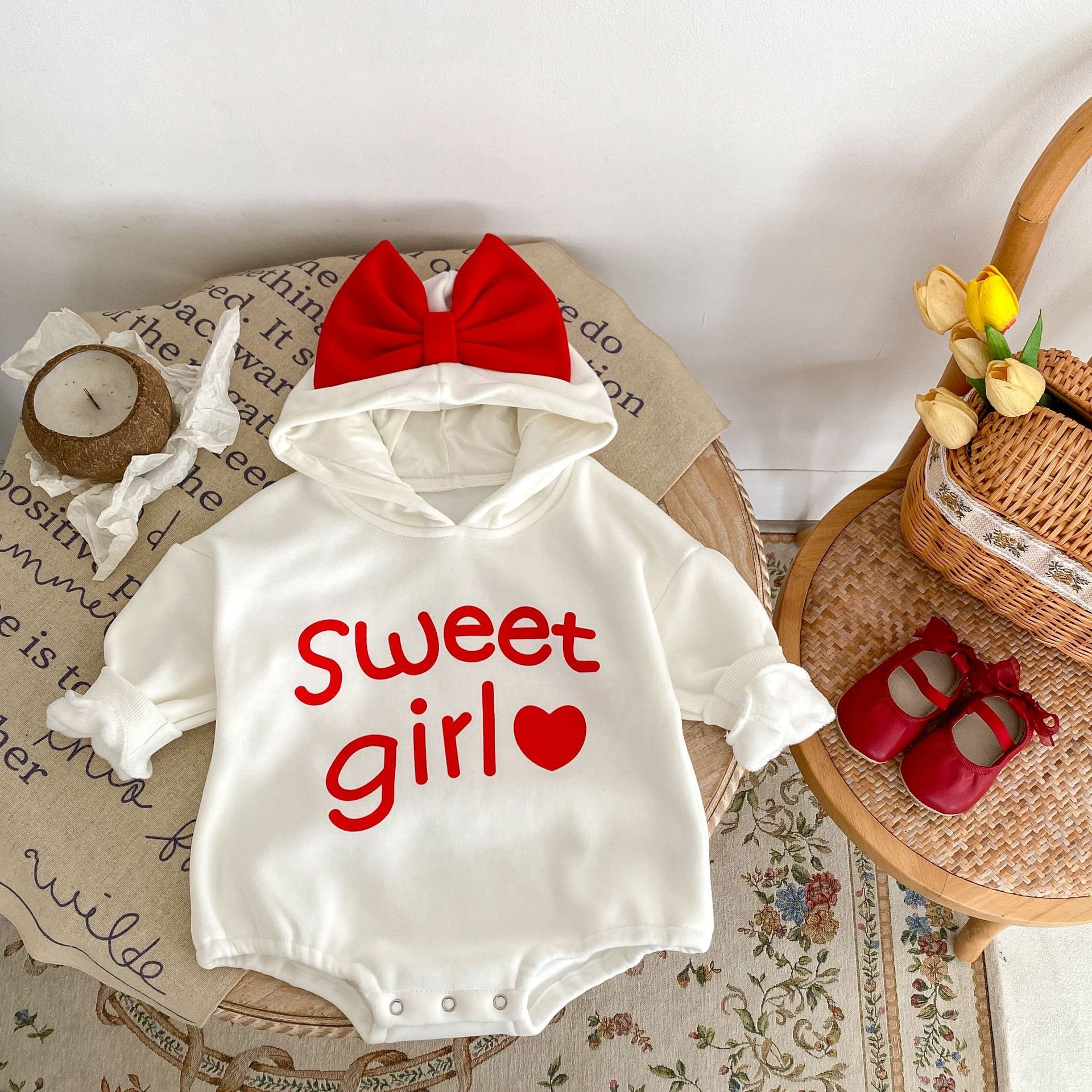 Winter Baby New Born Infant Love Heart Cotton Hoodie Newborn Cotton Bodysuits Girl Baby Romper