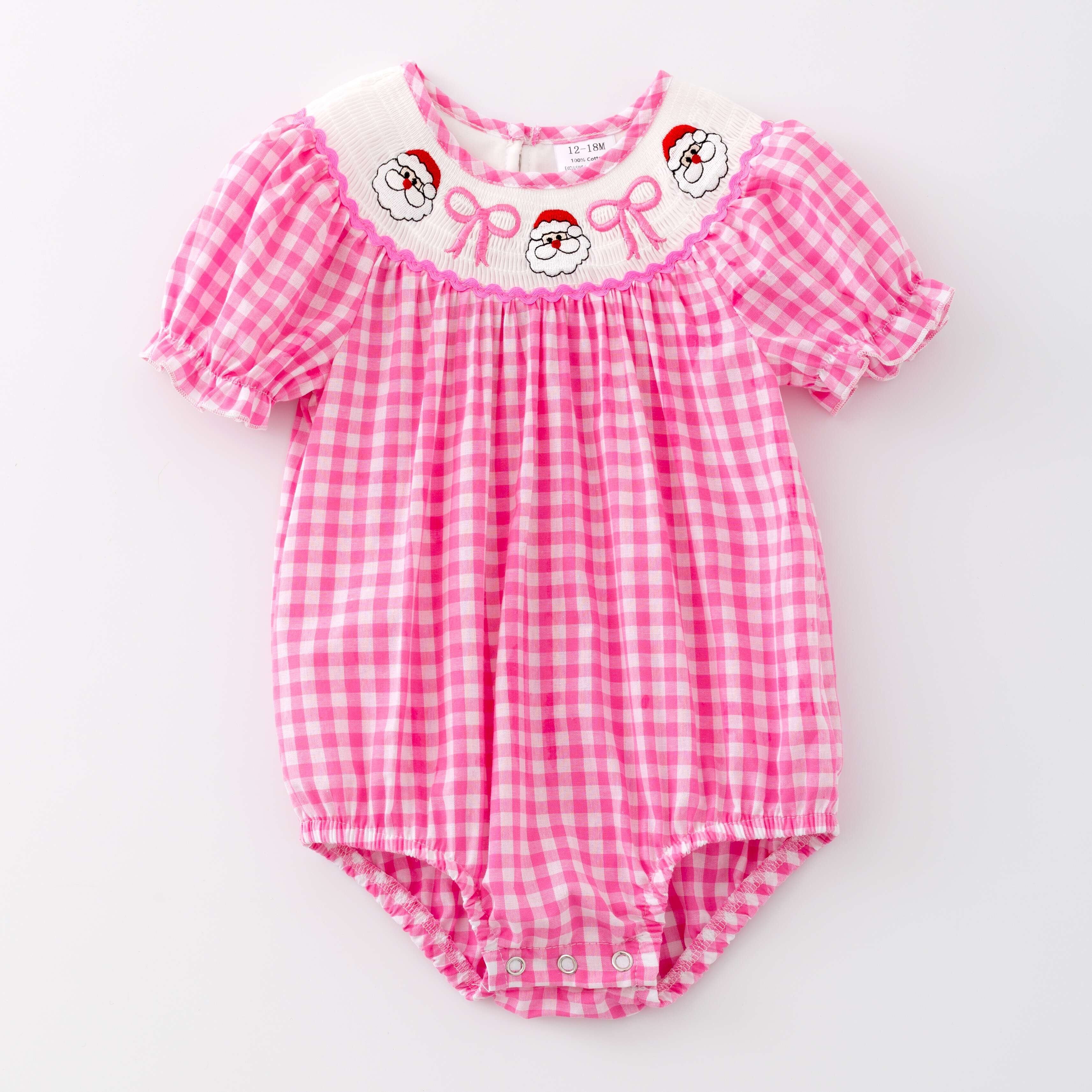 Infant Baby Girls Winter Christmas Pink Plaid Smocked Santa Claus Embroidery Romper Customized Kids Clothes Smocked Clothing