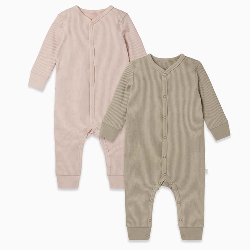 Wholesale Knit Cotton Bamboo Double Zipper Fold Long Sleeve rib Footie Jumpsuits Baby Romper