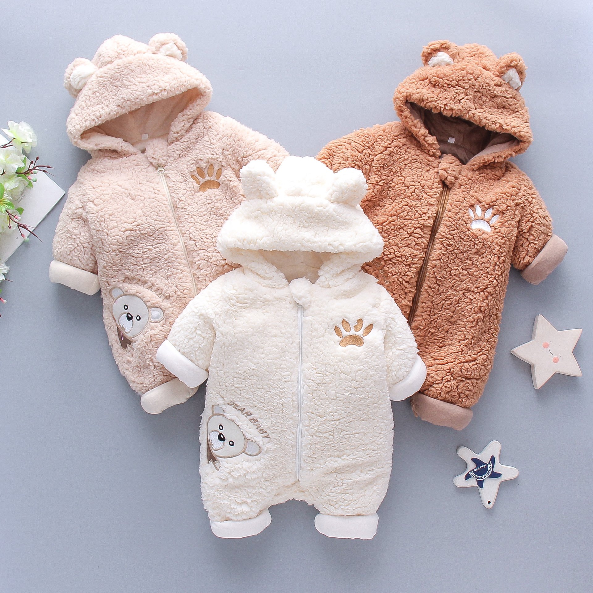 winter lamb wool jumpsuits newborn Baby Clothes long sleeve solid warm Romper Strap Baby Body suit