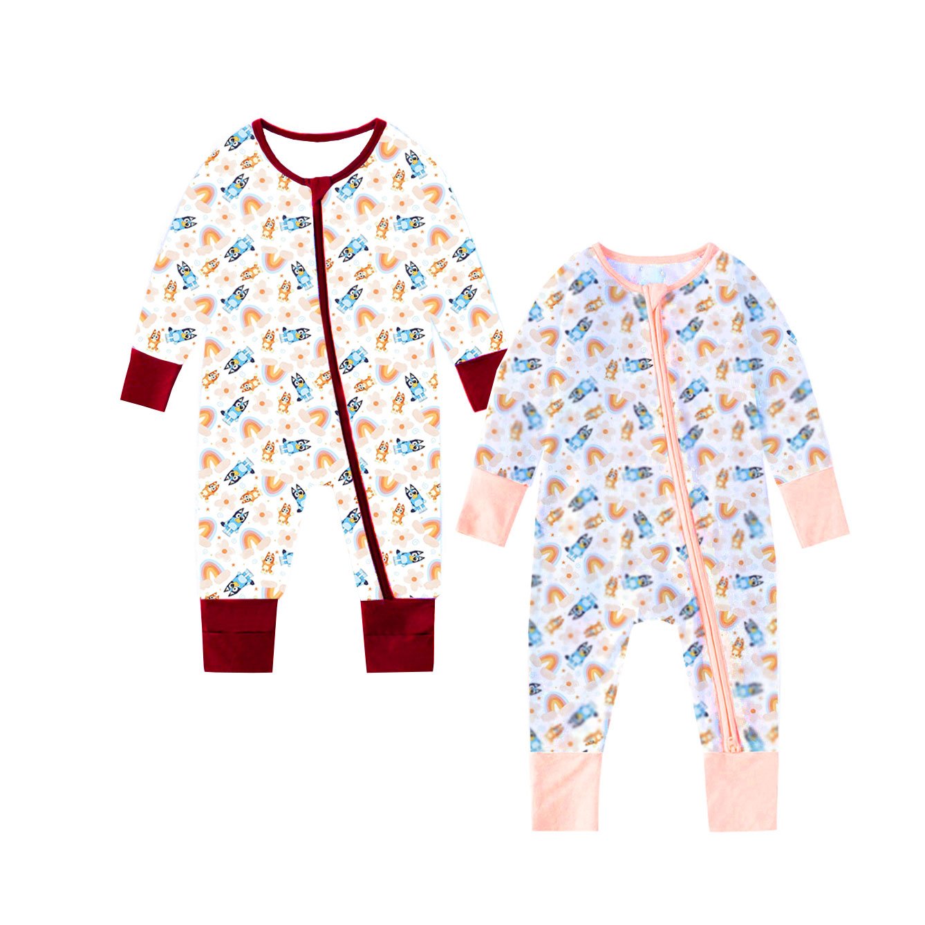 custom printed cartoon bluuy pattern Bamboo Baby Romper Sleeper Double Zipper Infant Footless Pajamas with Mitten Cuffs Feet