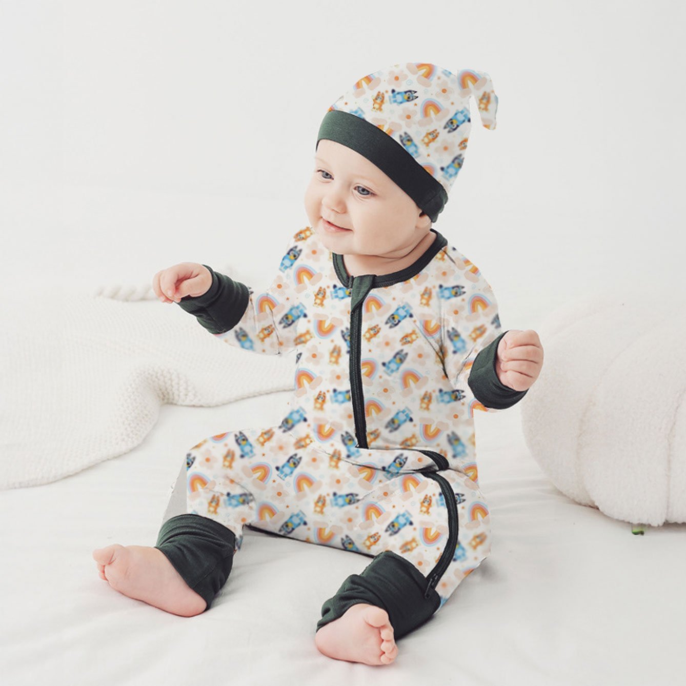 custom printed cartoon bluuy pattern Bamboo Baby Romper Sleeper Double Zipper Infant Footless Pajamas with Mitten Cuffs Feet