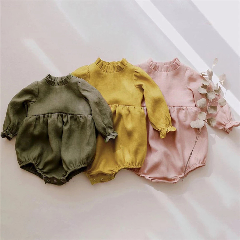 0-24m Infant babies linen frills collar spanish vintage rompers Kids Girls newborn Toddlers cotton plain baby bubble romper