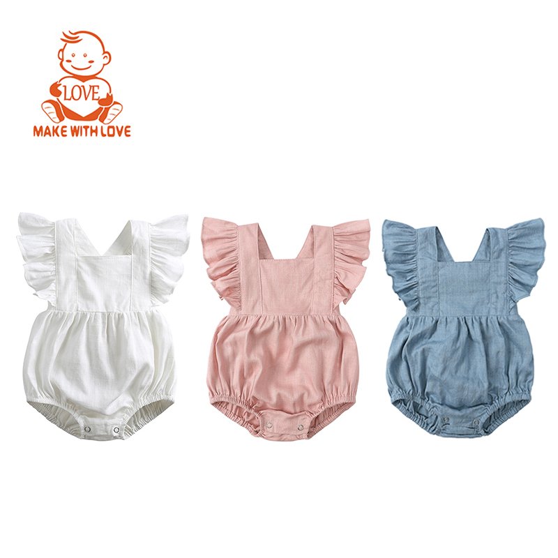 BEIBEIHAPPY Wholesale Ruffle Style Baby Romper Summer Lovely Baby Girls Suspender 100%cotton Fabric Sleeveless Baby Romper