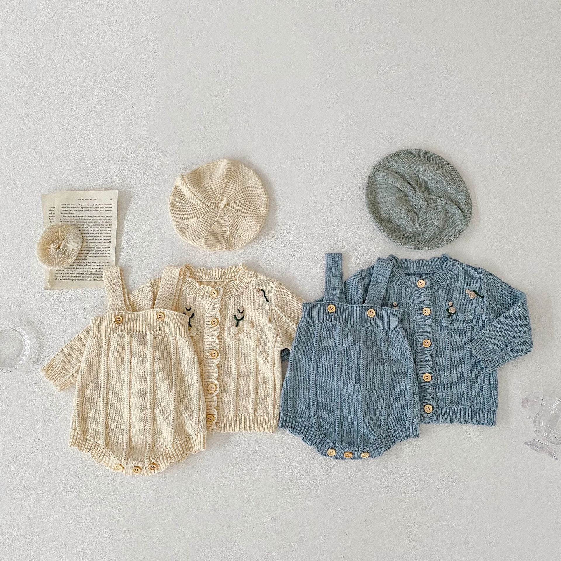 ST41 winter newborn baby girls cardigan with rompers toddler kids embroidery flower knitted clothing sets wholesale