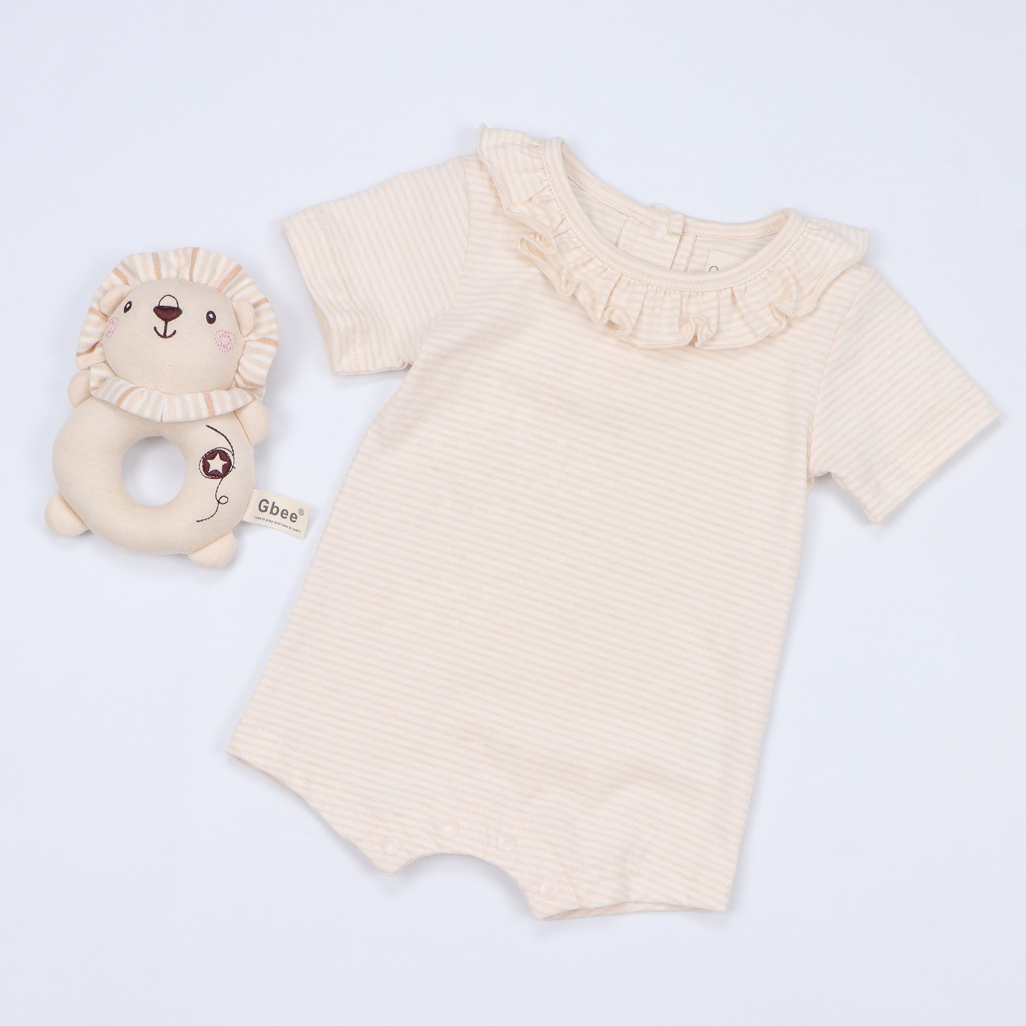 Customized Organic Cotton Short Sleeve Jumpsuit Newborn Baby Girls Unisex Summer Rompers Ruffled Collar Button Closure