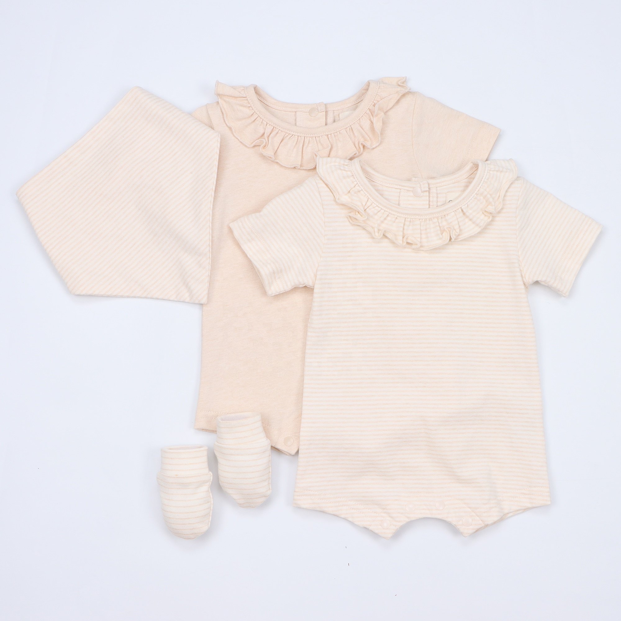 Customized Organic Cotton Short Sleeve Jumpsuit Newborn Baby Girls Unisex Summer Rompers Ruffled Collar Button Closure