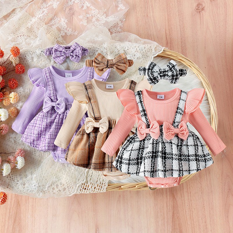 New Baby Long Sleeve Romper Cotton Clothes Plaid Skirt Romper Infant Baby Girls Fall Clothing with Headband